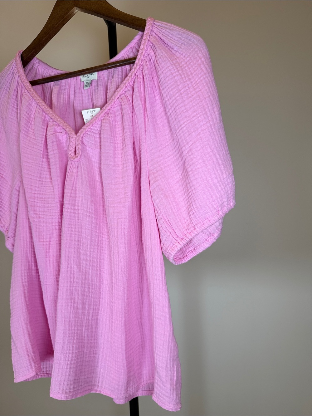 J. Crew Factory Pink Cotton Gauze Puff Sleeve Braided Neck Top | Size XL - Picture 4 of 8